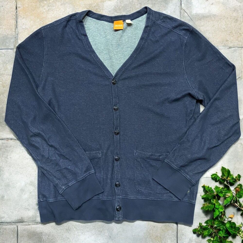 Hugo Boss Orange Casual Navy Blue Cardigan Lightweight Sweater Men's Large